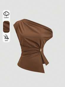 Sweetra Áo kiểu dáng mới mùa Xuân/Hè, mang phong cách đường phố thanh lịch, họa tiết chấm bi cổ điển, chất liệu tinh tế, tối giản, ôm sát, không dây vai, lệch vai. - màu nâu - Xem 5