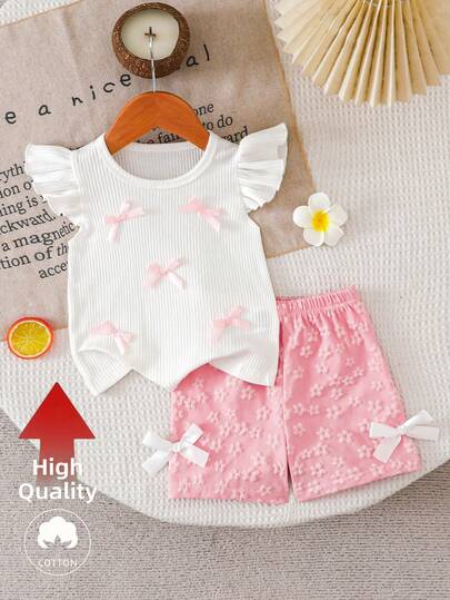 SHEIN 女婴荷叶边蝴蝶结装饰白色T恤和粉色短裤休闲套装