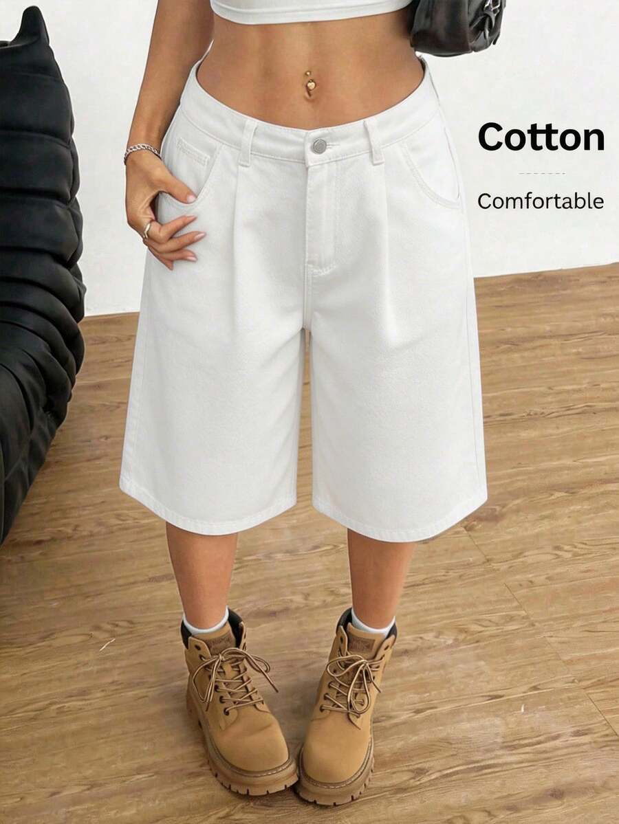 SHEIN Quần short Bermuda xếp ly rộng rãi màu trắng dành cho thiếu nữ - trắng - Xem 1