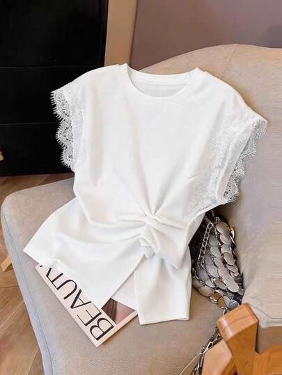 GlowEve White Contrast Lace Sleeveless T-Shirt For Women, Asymmetrical Twist Waist Design With Cap Sleeve, Summer