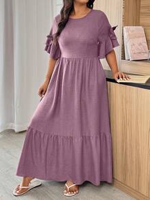EMERY ROSE Plus Size Women's Solid Color Round Neck Bow Decor Short Sleeve Elegant Dress - Purple - View 4