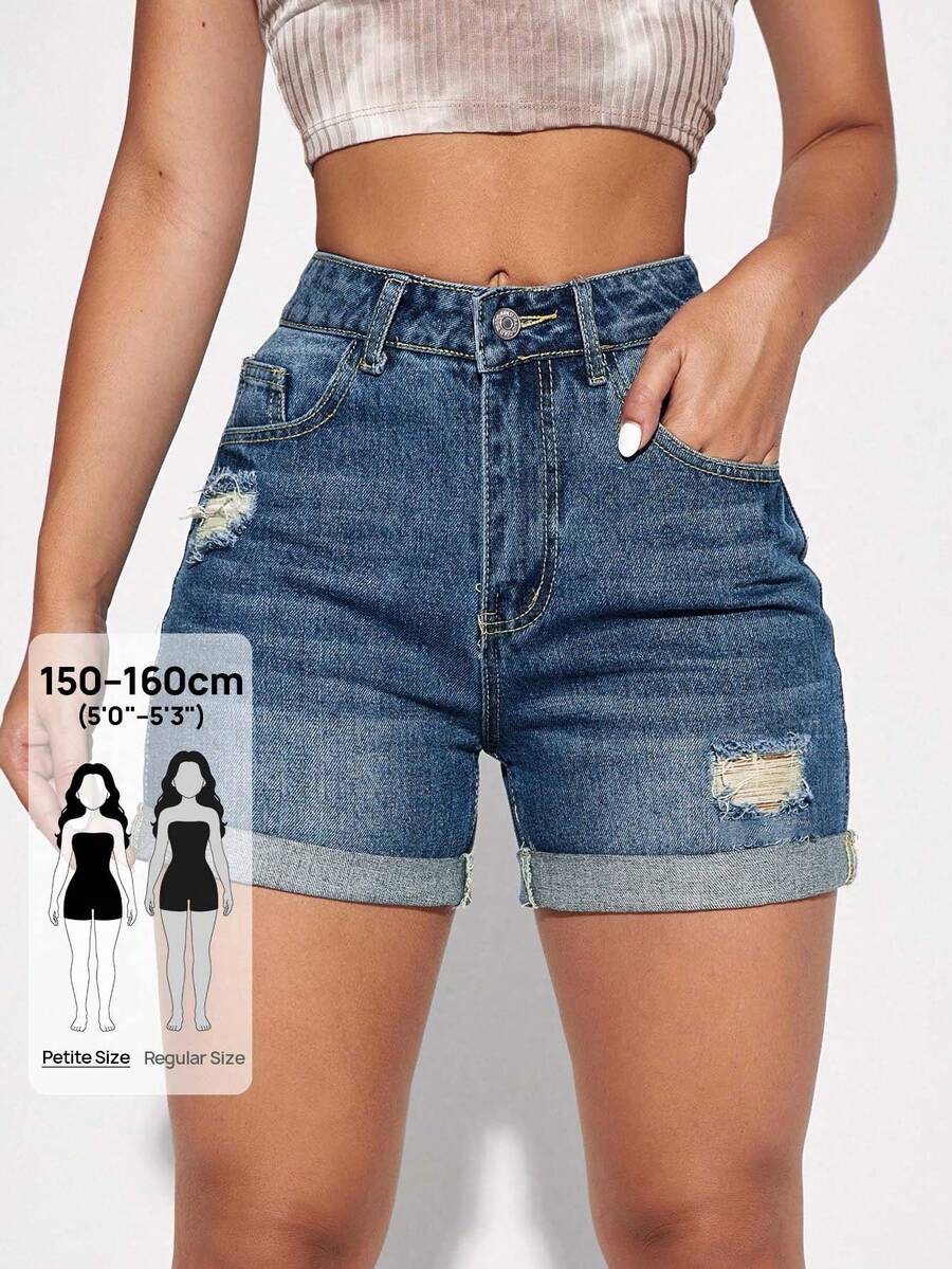 Jeanoix Petite Shorts vaqueros casuales con bolsillos y dobladillo desgastado para mujer, estilo Y2K - Azul lavado medio - Ver 1