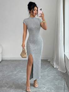 Selianne 女款立領短袖羅紋收腰開衩優雅休閒通勤長洋裝 - 灰色 - 查看 7