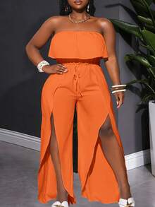 SHEIN CURVE+ Bộ áo liền quần dáng suông xẻ tà, màu trơn, không dây đeo vai, dành cho nữ, cỡ lớn. - trái cam - Xem 3