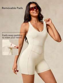 Women Sports Jumpsuit Gym Cycling Workout Romper Tummy Control Bra-In One-Piece Activewear - Apricot - View 3
