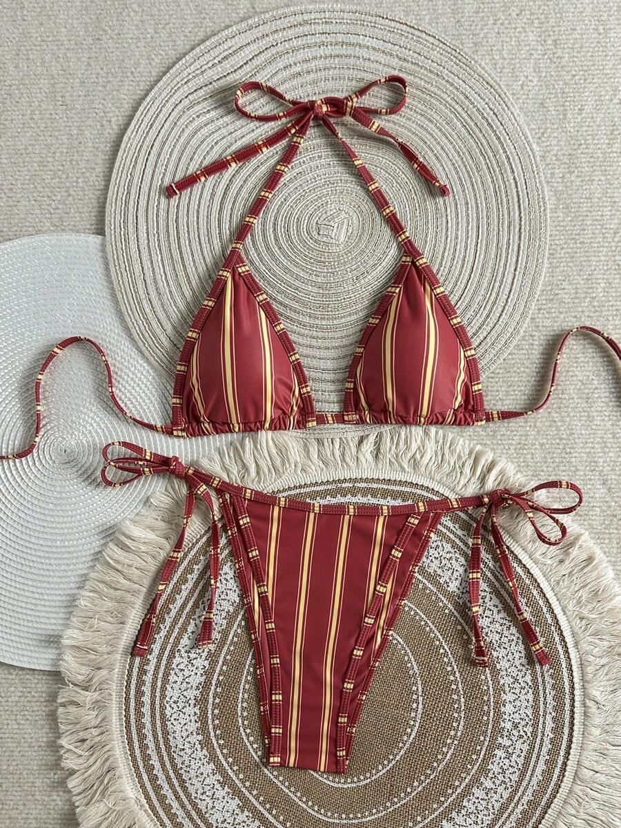 SHEIN Swim Vcay Tie-Neck Striped Halter Bikini Set - Multicolor - View 1