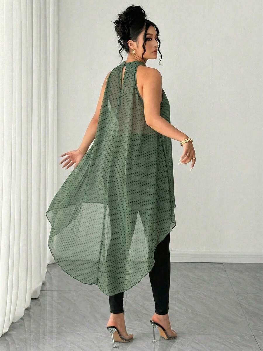 Elenzga Bộ đồ 2 mảnh dành cho nữ cỡ lớn, chất liệu chiffon, kiểu cổ yếm, thiết kế ngắn phía trước và dài phía sau, gồm áo và quần legging, thích hợp cho lễ tốt nghiệp, các ngày lễ, Ngày Valentine, lễ hội âm nhạc, Ngày của Mẹ, Halloween, Lễ Tạ ơn, Lễ Phục sinh, Ngày Quốc khánh, dạ hội, hẹn hò, tiệc tùng, đám cưới, dã ngoại. - Màu xanh lá cây đậm - Xem 1
