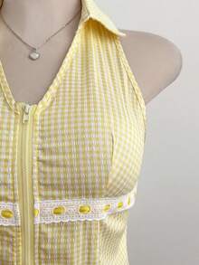 Elamini Women's Spring/Summer Plaid Polo Collar Sleeveless Shirt, Sweet Style With Zipper, Ribbon Splice Slim Fit Top, Suitable For Daily Wear And Dates - Yellow - View 4