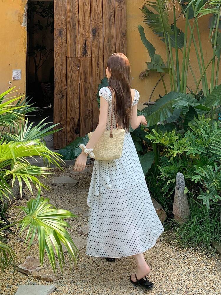 Women's Polka Dot Print Front Tie Asymmetric Hem Dress