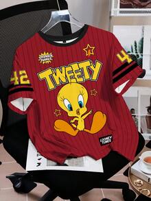 LOONEY TUNES X SHEIN Áo thun nữ tay ngắn cổ tròn in hình hoạt hình, kiểu dáng thường ngày. - trắng - Xem 1
