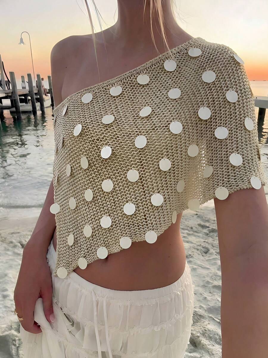 Aloruh Women's White Polka Dot Summer Boho Tropical Vacation Sequin Decorated Cover-Up,Knit Sparkly Asymmetrical Off The Shoulder Tube Top,Beach Festival Top - Apricot - View 1