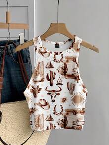 SHEIN EZwear 95%纯棉西部牛仔图案背心 – 休闲简约夏季度假、音乐节彩色涂鸦印花，圆领修身无袖女式上衣，Y2K复古软妹风 - 彩色 - 查看 1