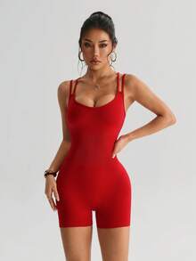 Dewbera 一件式吸湿排汗无缝瑜伽/健身连体裤，交叉露背设计，基础款，红色 - 彩色 - 查看 6