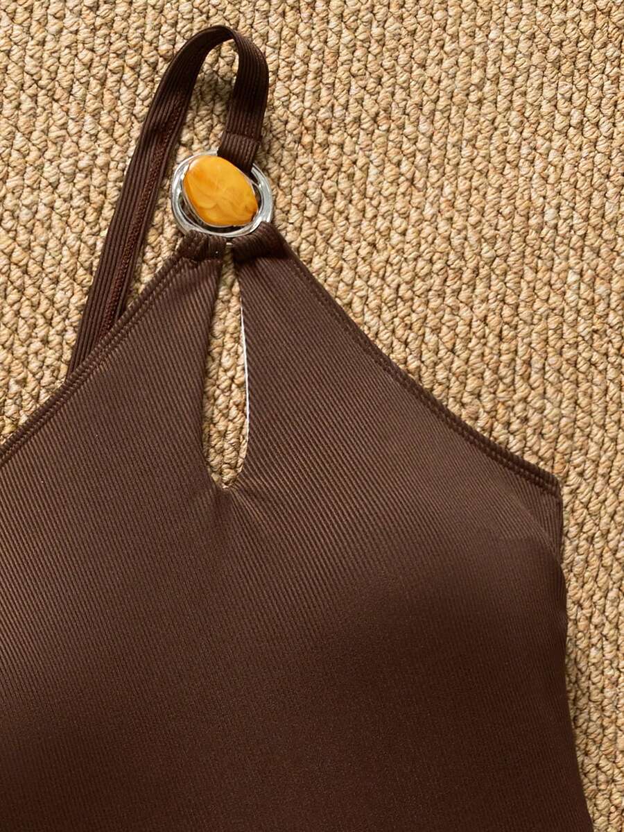 Swim Basics 女士纯色镂空连体泳衣，适合度假 - 棕色 - 查看 1