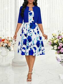 SHEIN Lady Bộ 2 món gồm áo ngắn tay màu trơn và váy in họa tiết dành cho nữ. - Xanh đậm - Xem 4