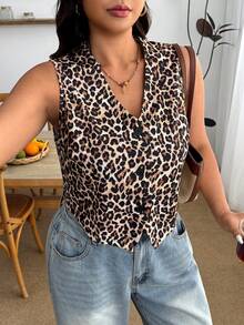 Enliva Plus-Size Leopard Print Lightweight Vest, Women's Office Top, For Apple And Rounded Body Shape - Brown - View 3