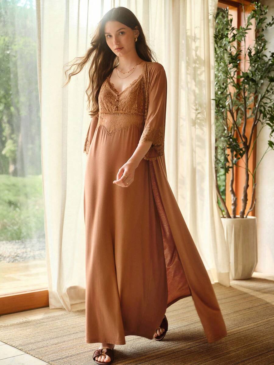 MOTF PREMIUM LACE PATCHWORK LONG ROBE - Brown - View 1