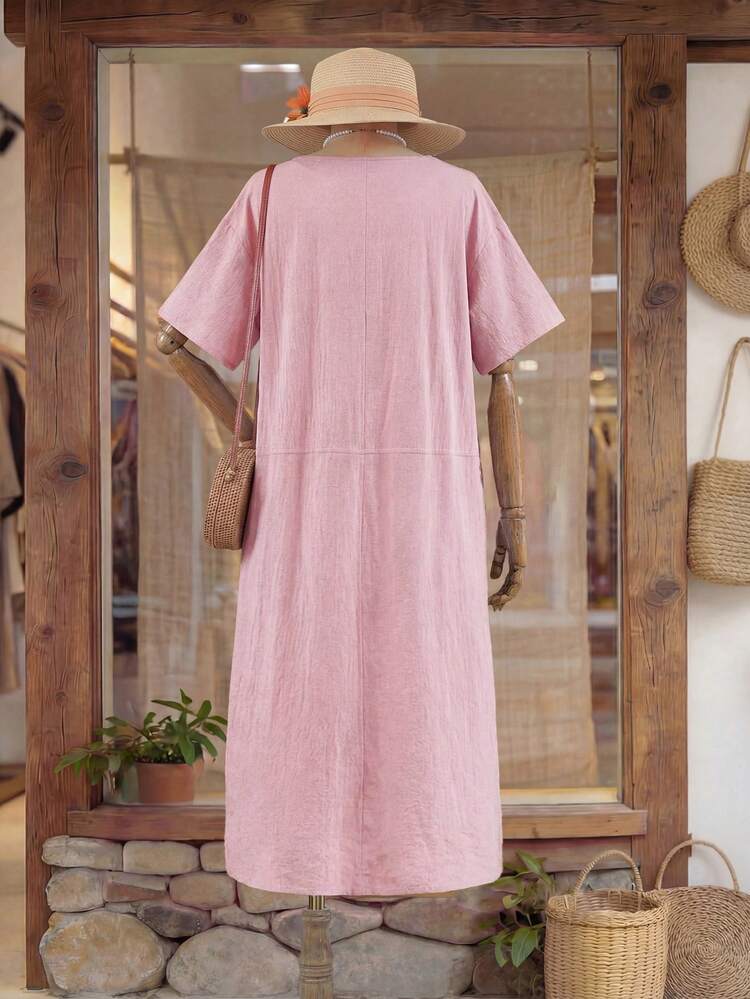 Plus Size Women Solid Color Round Neck Short Sleeve Casual Loose Dress Vacation Outfits For Women Country Dress For Women Summer Holiday Outfits Women's Country Clothing Summer Outfits For Women Linen Dresses For Women Summer New Arrival Dress For Women Casual Zanzea Dress For Women Plus Size Bubu Dresses For Women Casual Dresses For Women Summer