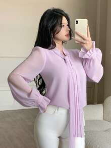 Modelyn 法式优雅缎带装饰长袖衬衫，修身显瘦，秋季粉色 - 玫紅色 - 查看 4