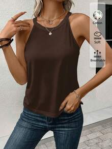 SHEIN LUNE 95% Cotton Women Casual Tight Halter Neck Camisole, Suitable For Summer - Coffee Brown - View 4