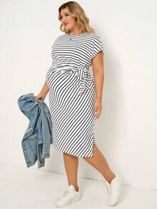 SHEIN Maternity Plus Size Striped Round Neck Short Sleeve Side Knot Casual Dress Summer Dresses Work Outfits - Black and White - View 6