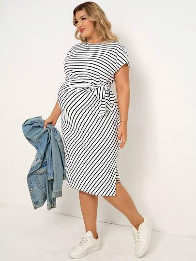 SHEIN 孕妇加大码条纹圆领短袖侧打结休闲连衣裙