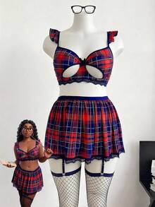 Fantasy Costume 5件套：经典格纹牛奶丝钢圈镂空褶皱短袖A字裙套装，蕾丝拼接女士内衣套装 - 彩色 - 查看 6