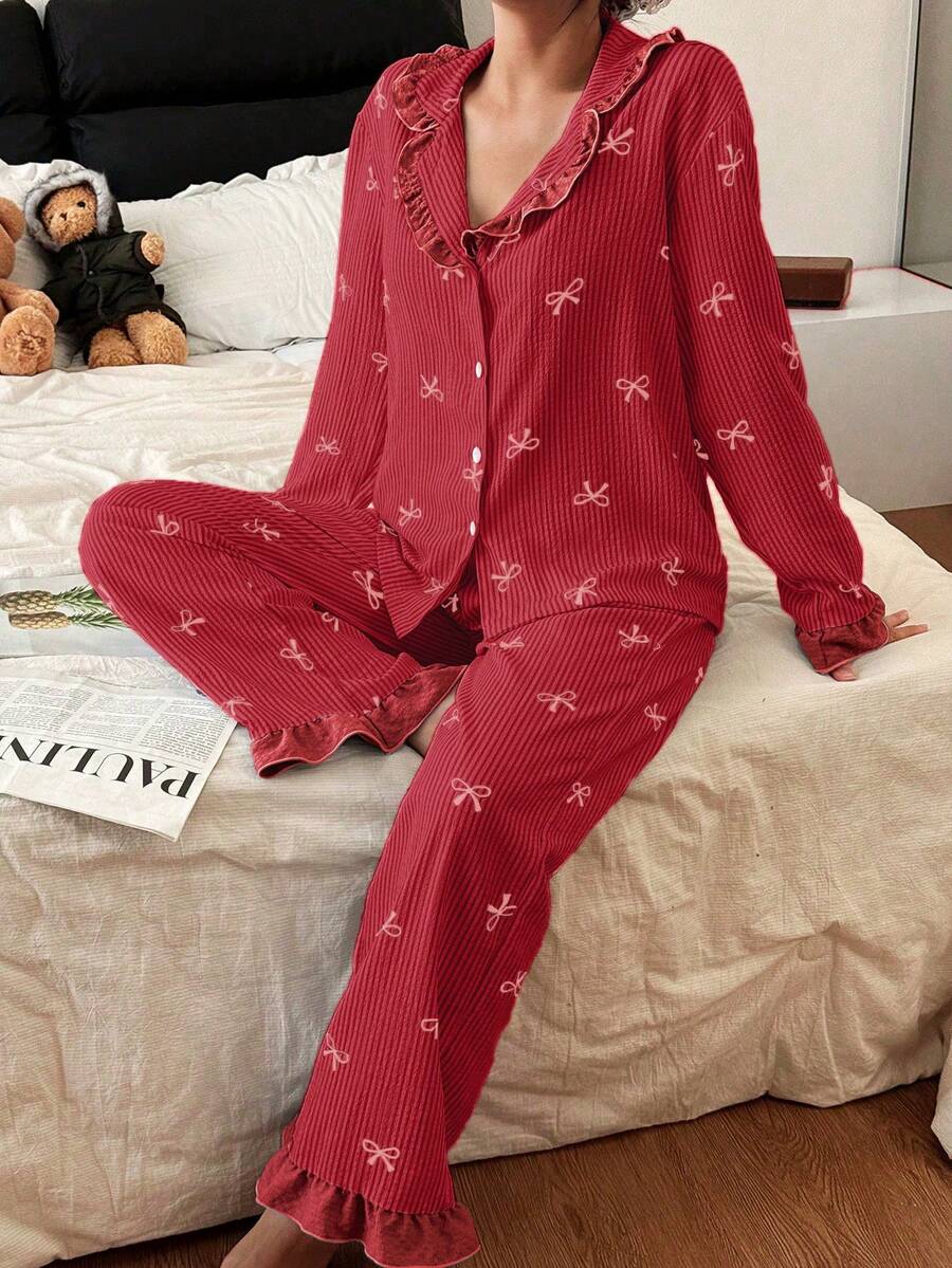 Dream Adore Blue Striped Bow Print Patchwork Contrast Color Lapel Long Sleeve Pajama Set For Women - Red - View 1