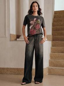 Anewsta Women's Casual Leopard & Fruit Print Round Neck Short Sleeve T-Shirt, Spring/Summer - Grey - View 6