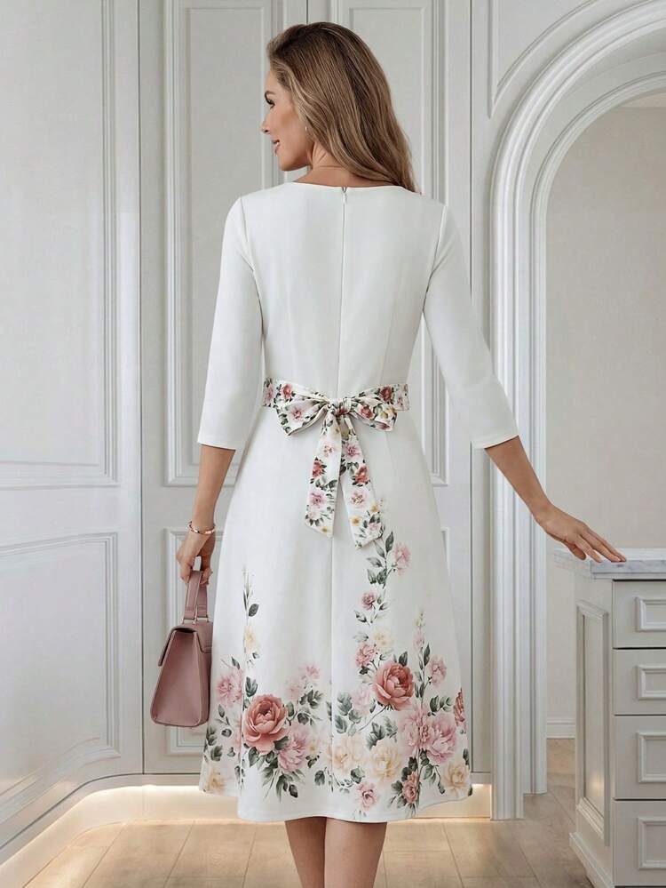 Elegant Floral Print Mid-Length Dress For Commuting,Summer Dress, Elegant Dresses For Ladies,Floral Dress,White Dress