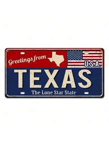 1 PIEZA Placa de matrícula metálica vintage de Texas de 6x12 pulgadas con acabado mate, diseño de la bandera de EE. UU. y la estrella solitaria, estilo de patrón de agujeros perforados al azar para decoración de automóviles y camiones - Multicolor - Ver 5