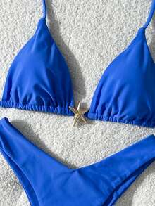 Swim Mod Conjunto de bikini sexy con tirantes finos y decoración metálica, unicolor para mujer, verano - Azul - Ver 3
