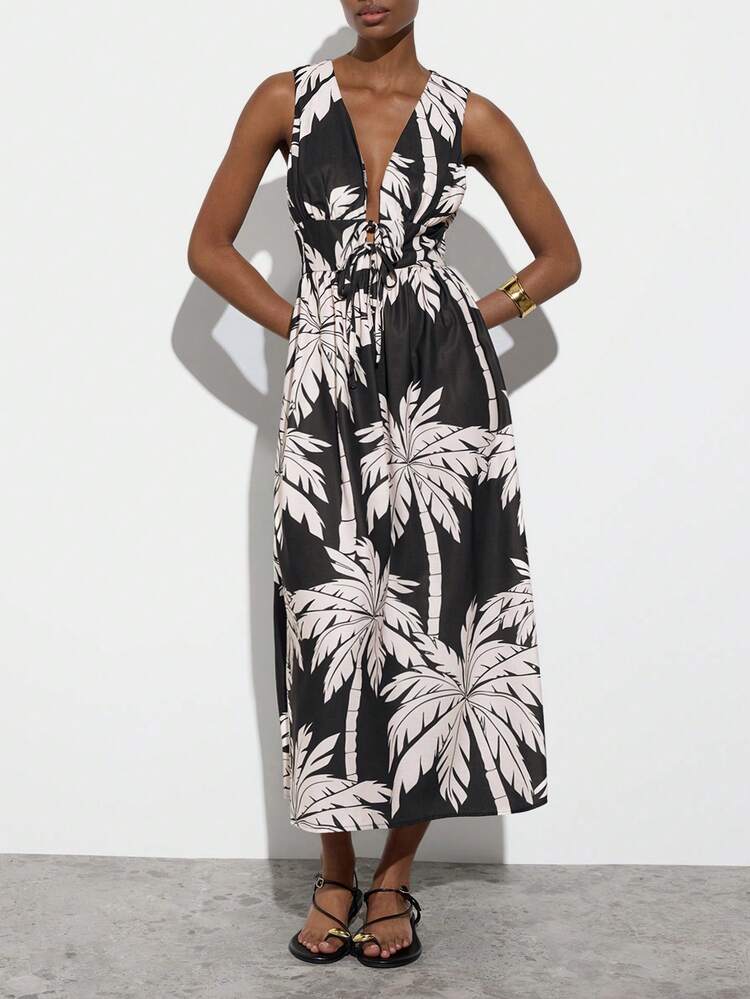 SHEIN Maija Vestido Longo MAIJA com Estampa Tropical de Palmeiras, Decote em V Profundo, Amarração e Costas Abertas
