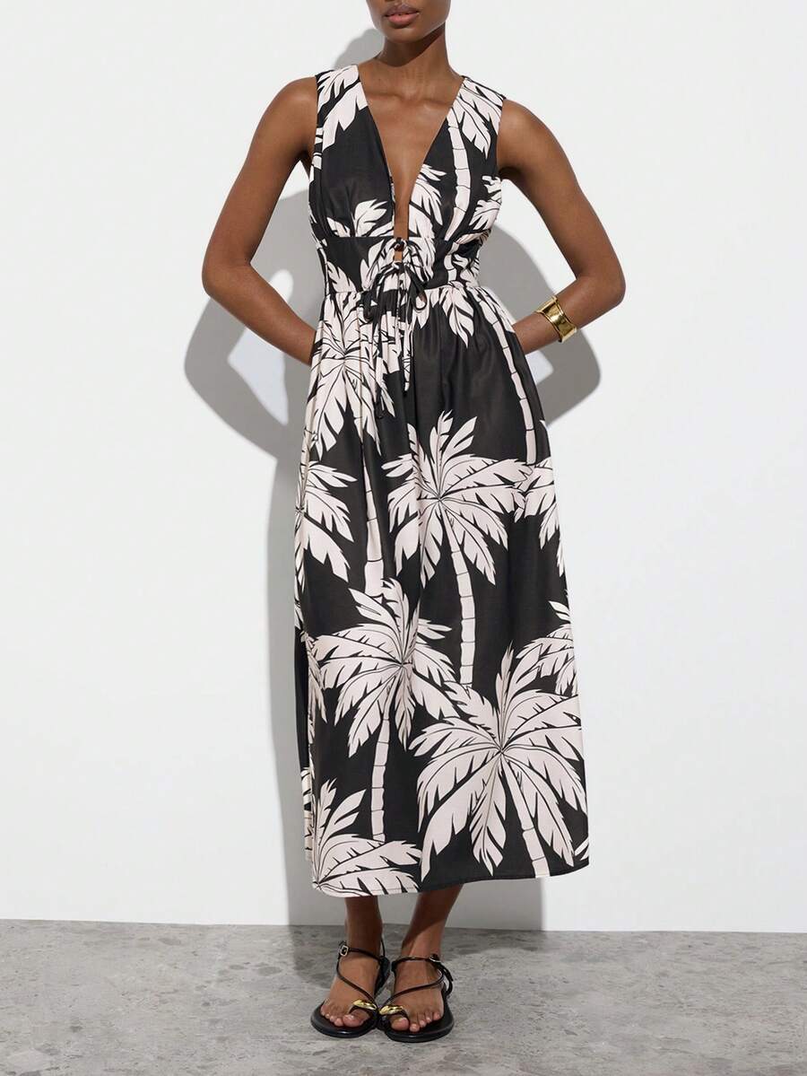 Đầm maxi MAIJA Vacation họa tiết cọ nhiệt đới, cổ chữ V sâu, thắt dây phía sau. - Nhiều màu - Xem 1