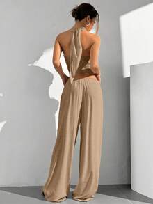 SHEIN EZwear 2 piezas Conjunto casual de top halter corto de unicolor y pantalones con lazo en la cintura para mujer de verano - Marrón - Ver 2
