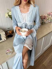 Snug Reverie Romantic Lace Patchwork V-Neck Long Cardigan With Flare Sleeves, Women Sleepwear - Mint Green - View 3