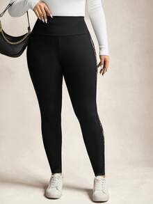 SHEIN LUNE Plus Size Women Lace Patchwork Leggings - Black - View 6