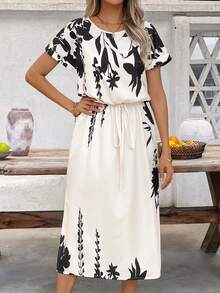 SHEIN Clasi Apricot Background Black Floral & Leaf Print Waist Cinched Split Hem Dress - Apricot - View 4