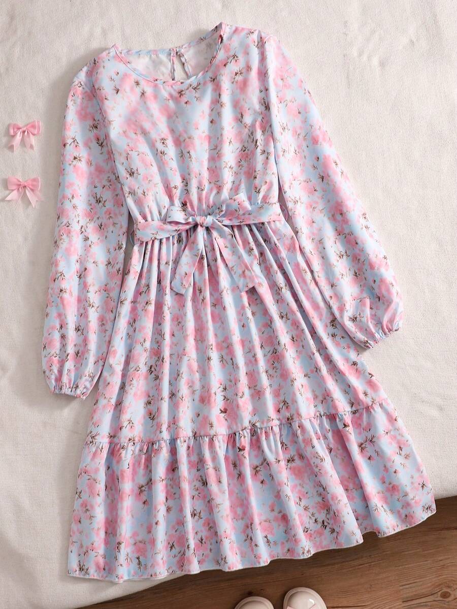 少女圆领印花褶皱腰带系带休闲度假连衣裙 - 藍色 - 查看 1