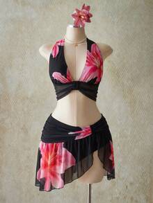 ICON Conjunto de top halter y minifalda con estampado floral para mujer de talla grande - Negro - Ver 8