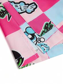 PopScrub THE POWERPUFF GIRLS X SHEIN 女士粉蓝格子印花V领工作服上衣，卡通IP联名款 - 彩色 - 查看 4