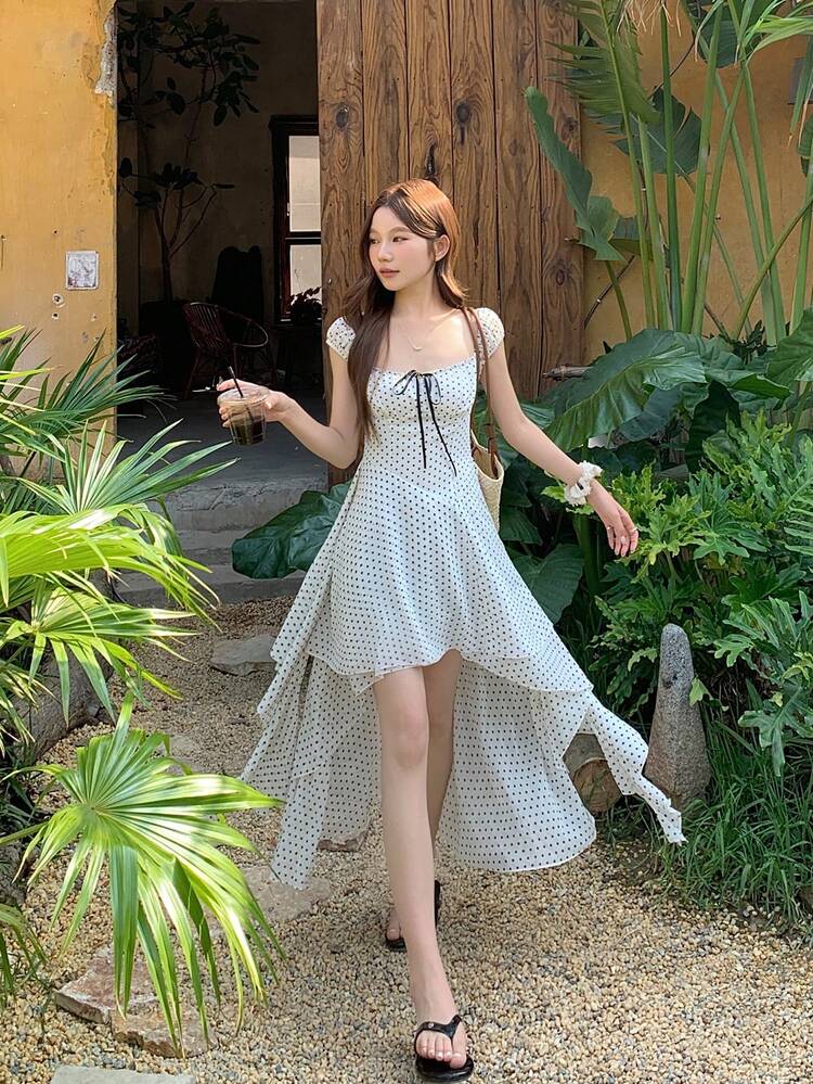 Women's Polka Dot Print Front Tie Asymmetric Hem Dress