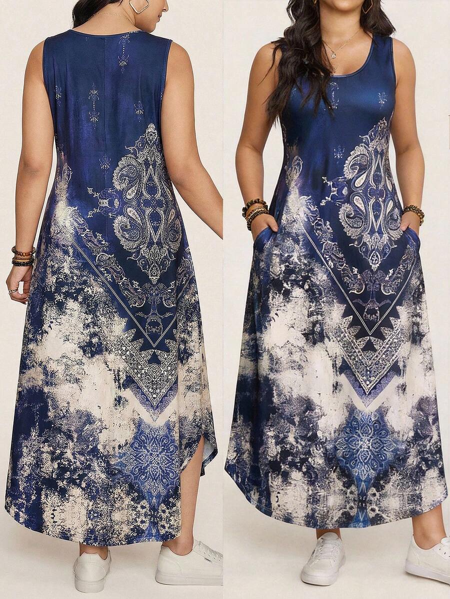 SHEIN LUNE 大码女士休闲无袖连衣裙，佩斯利印花，适合度假 - 彩色 - 查看 1