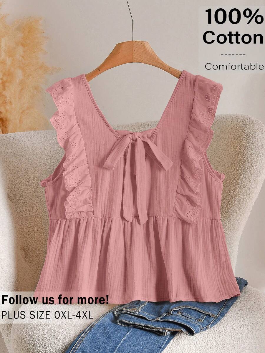 CosyJoli Plus Size Women Vacation Knotted Design Ruffle Trim Casual Tank Top - Dusty Pink - View 1