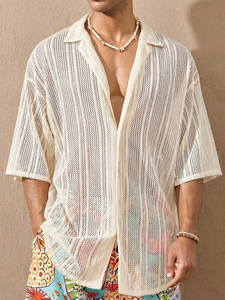 HIMLAND Camisa hawaiana holgada de manga corta, liviana, transpirable, básica y de moda, con estilo bohemio tejido, para playa, resort y vacaciones