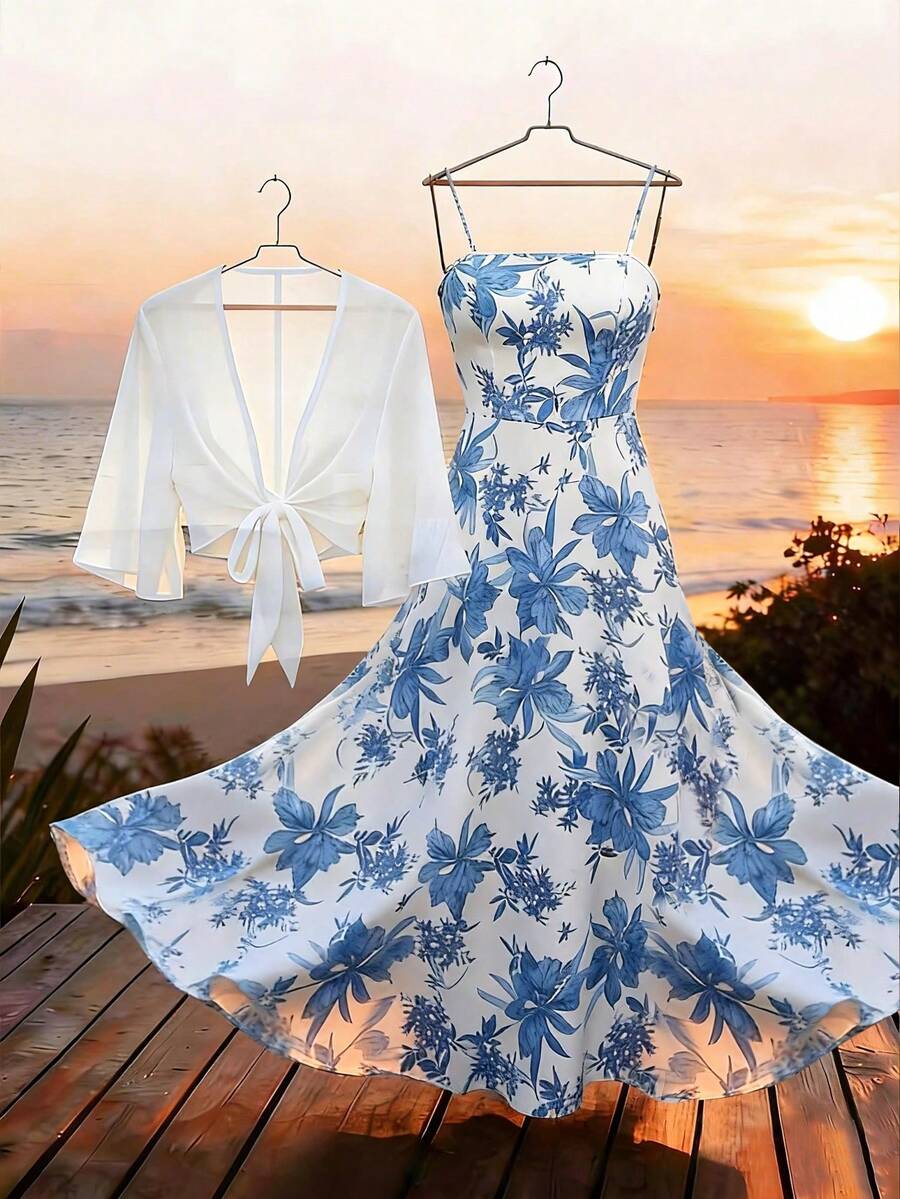 Franclia Bộ đồ 2 mảnh dành cho nữ cỡ lớn, gồm áo khoác tay loe bằng chiffon in hoa và váy slip, trang phục nghỉ mát thanh lịch, váy hoa với áo cardigan chiffon, bộ váy áo mùa hè cho nữ, bộ hai mảnh mùa hè, váy xanh trắng, bộ trang phục mùa hè cho nữ, bộ váy mùa hè, bộ hai mảnh mùa hè, váy mùa hè với áo khoác ngoài, bộ trang phục mùa hè cho nữ, váy maxi in hoa, trang phục nghỉ mát cho nữ, bộ đồ mùa xuân cho nữ, bộ hai mảnh, bộ đồ ăn trưa cho nữ, bộ trang phục mùa hè cho nữ, bộ hai mảnh mùa xuân. - Xanh và trắng - Xem 1