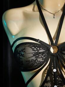 SpicyHot Body de encaje negro con diseño floral calado y botones, lencería sexy para mujer, adulta, para luna de miel, cita, lencería de encaje sexy, conjunto de lencería, atuendo sexy - Negro - Ver 8