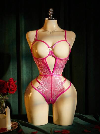 SpicyHot 1 bộ jumpsuit gợi cảm cổ chữ V khoét sâu, lưng hở, phối ren màu tương phản dành cho nữ