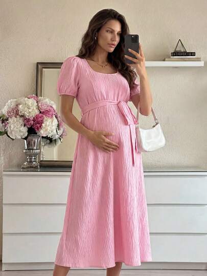 MaterniWear 孕妇夏季休闲度假纯色纹理面料泡泡袖系带腰部哺乳连衣裙