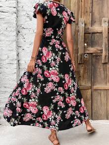 EMERY ROSE Đầm maxi nữ họa tiết hoa, tay áo cánh bướm, vạt trước ngắn vạt sau dài. - màu đen - Xem 2